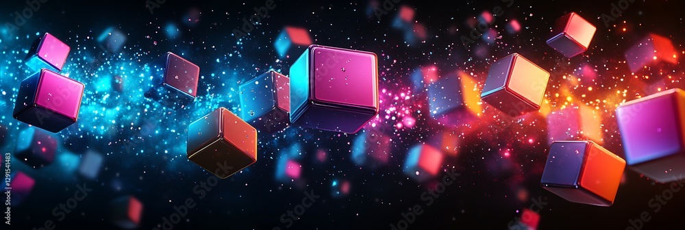Aufkleber cubical universe: a vibrant and dynamic composition of floating cubes, bathed in a spectrum of radia
