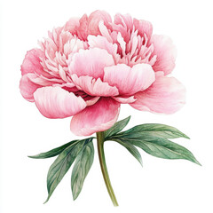 Peony flower illustration with soft pink petals and green leaves, showcasing delicate botanical art. Perfect for floral designs and nature themed projects