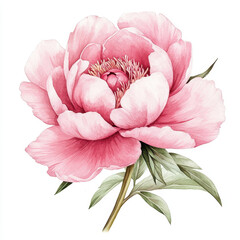 beautiful peony bloom with soft pink petals and delicate green leaves, showcasing intricate details and natural elegance. This hand painted botanical art captures essence of floral beauty