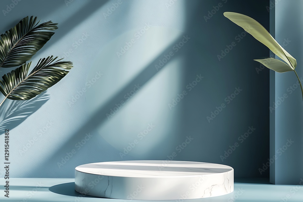 Poster elegant display stage with shadows and plants: a minimalist and sophisticated presentation of a whit