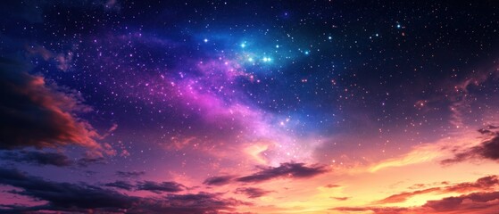 Obraz premium Colorful night sky filled with stars and vibrant purple hues over a serene landscape at twilight