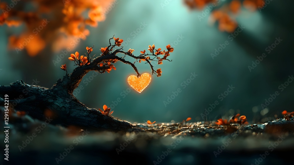 Poster enchanted heart shaped tree branches glowing with sparkling magical light from both sides creating a
