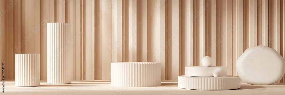 Aufkleber minimalist display: a collection of sleek, geometric platforms and cylindrical shapes. minimalist di