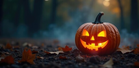 Fototapeta premium Mist rises from the base of a glowing pumpkin, darkness, mist, autumn