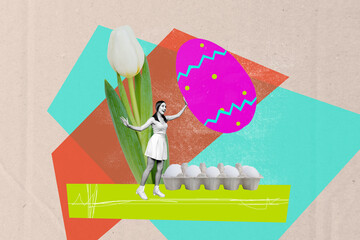Poster sketch image artwork photo collage of young lady drive roller skates tulip eggs holiday...