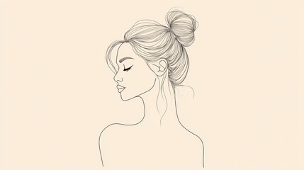 Elegant line drawing of a woman with a bun hairstyle, highlighting serene expression and graceful profile in minimalist style