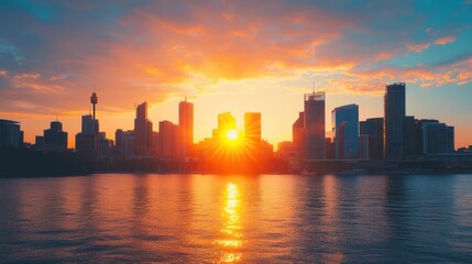Obraz premium Sunset over city skyline reflecting on the water