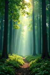 Fototapeta premium Misty forest with tall trees and dappled sunlight filtering through leaves, nature, sunlight
