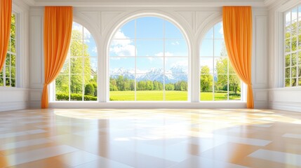 Fototapeta premium Luxurious room, arched windows, mountain view, sunny day, interior design
