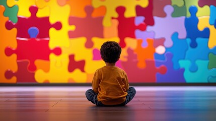 Child sits before a vibrant puzzle wall, representing problem-solving and developmental challenges. Great for educational or mental health resources.
