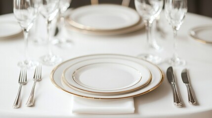 A beautifully set dining table featuring elegant plates, silverware, and crystal glassware, perfect for a formal meal.