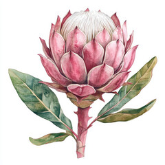 Fototapeta premium beautiful protea flower illustration featuring pink petals and green leaves, showcasing intricate details and vibrant colors. This hand drawn floral design adds touch of nature elegance