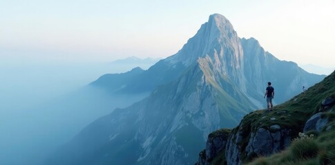 rugged mountain peak is shrouded in a misty veil, mountain, quiet contemplation