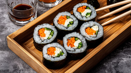 Zero Waste Food, Sustainability concept. Sushi rolls served on a wooden tray with chopsticks and dipping sauce.