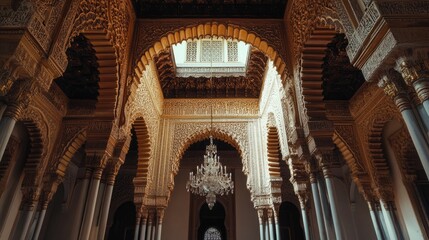Fototapeta premium Intricate Architectural Details of a Palace Interior with a Crystal Chandelier