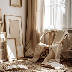 Home interior poster mock up with Beautiful Frame design living room, bedroom, wall (3d Render)