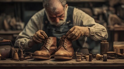 The Art of Cobbling: A seasoned artisan, immersed in his craft, meticulously repairs a pair of aged leather boots, showcasing the timeless skill and dedication.