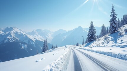 Obraz premium Winter road in a snowy field with trees and blue sky at sunset