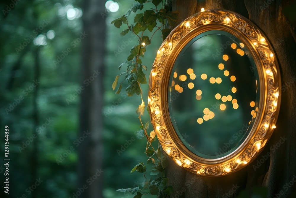 Poster enchanted forest mirror adorned with glowing lights reflecting soft bokeh and greenery