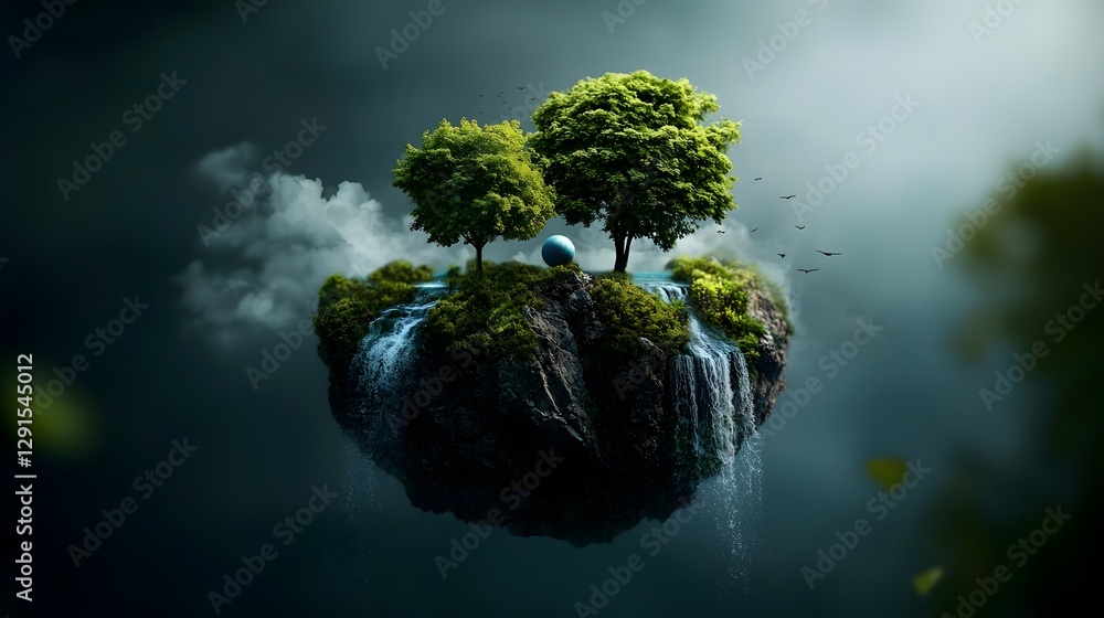Poster enchanting floating islands with cascading waterfalls and glowing orbs suspended in a dreamy misty a