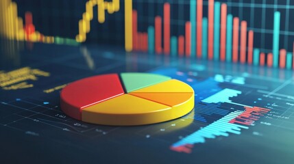 Colorful pie chart on financial data screen, conveying market analysis and strategic planning. Ideal for finance, investments, and data visualization concepts.