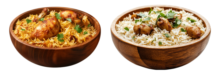 Set of a wooden bowl of biryani with chicken, isolated on transparent background.