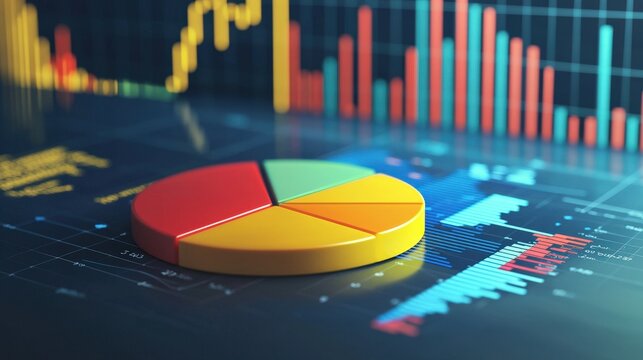 Colorful pie chart on financial data screen, conveying market analysis and strategic planning.  Ideal for finance, investments, and data visualization concepts.