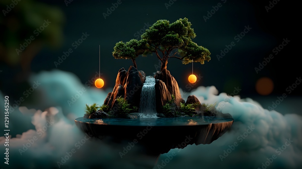 Poster enchanting floating islands with cascading waterfalls glowing orbs and a dreamy misty atmosphere cre