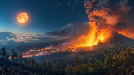 Majestic volcanic eruption at twilight with flowing lava, surrounded by towering mountains and a glowing moon