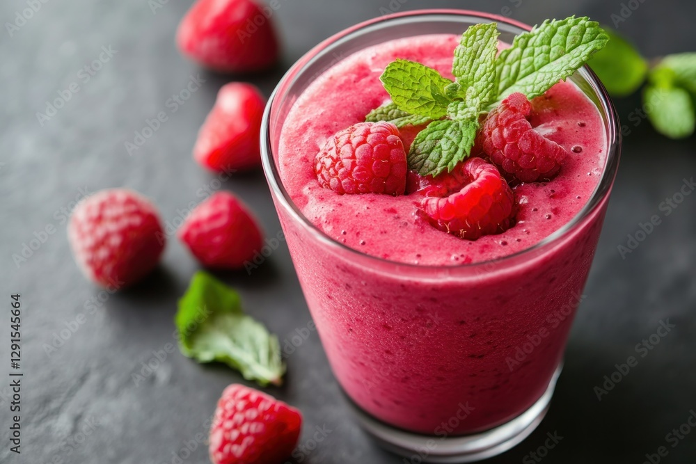 Poster refreshing raspberry smoothie with mint garnish and fresh berries on a dark background