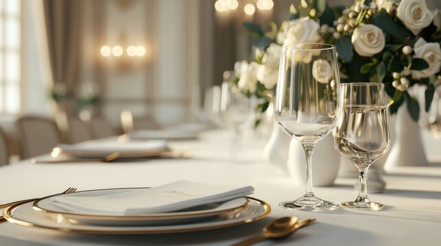 Elegant dining setup featuring fine tableware, glassware, and floral arrangements, creating a sophisticated atmosphere for special occasions.