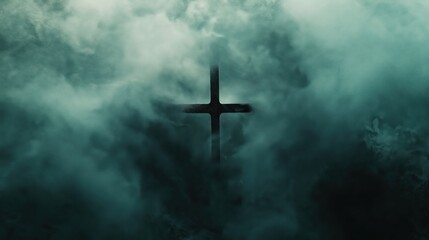 Naklejka premium Floating Cross in Dark Stormy Sky Background 