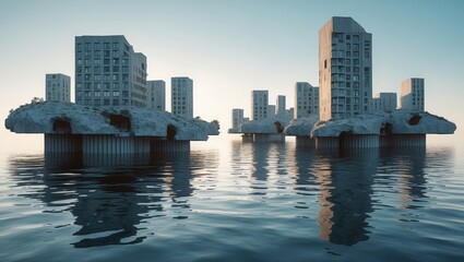 Naklejka premium Concrete buildings stand on platform in water. Structures mirror onto ocean under light blue sky. Architecture looks post apocalyptic with many stories.