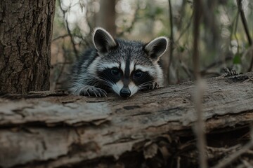 Fototapeta premium Cute Raccoon Resting on Log in Serene Forest Setting