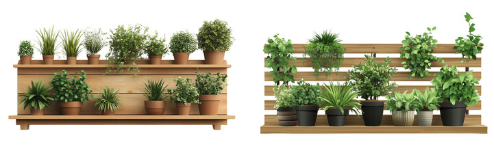 Set of a Wooden slat wall planter, isolated on transparent background.