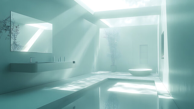 A realistic animation of a futuristic bathroom with skylights that simulate natural daylight cycles, complemented by soft ambient LED strips integrated into the sleek, minimalist design 