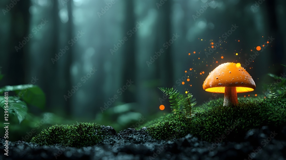 Poster enchanting scene of glowing mushrooms in a mysterious misty forest landscape with a captivating atmo