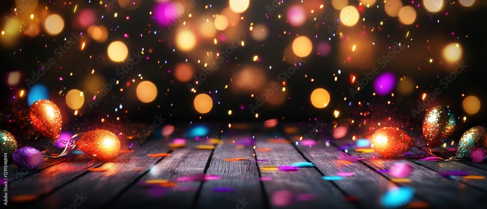 Poster Wooden table displaying assorted colorful confections and sweets in various shapes and sizes