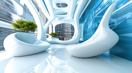 Futuristic Interior Design Features White Furniture and Green Foliage