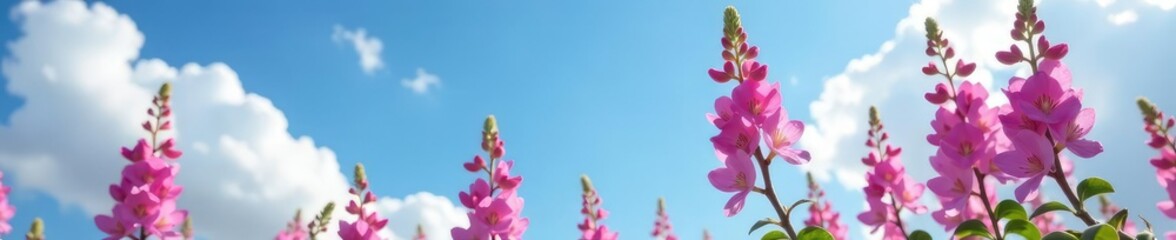soft pink snapsdragons against a brilliant blue sky, bloom, blossom, serene