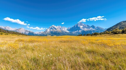 Autumnal mountain meadow landscape, sunny day, clear sky, travel poster