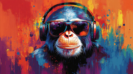 Colorful abstract background featuring monkey wearing sunglasses and headphones, exuding fun and vibrant vibe. Perfect for music and art enthusiasts