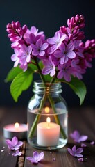Obraz premium soft purple lilac blossoms in a candlelit jar, gentle, light