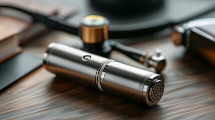 Close-up of a vape device on a wooden table with legal documents, symbolizing legal disputes and regulations in the vaping industry. Focused on modern e-cigarette technology and legal