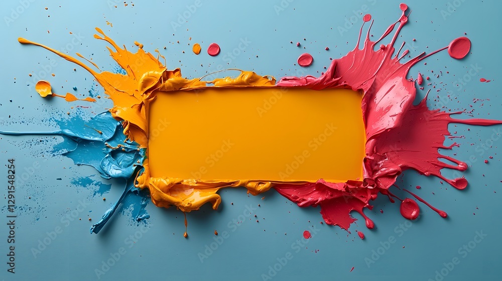 Poster energetic and dynamic abstract painting with fluid paint splashes in vivid colors featuring textured