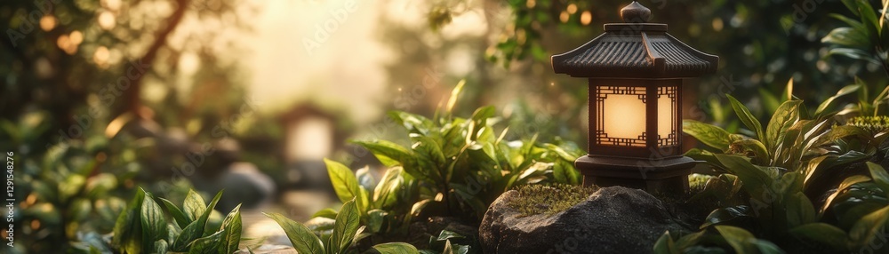 Poster lantern placed on a rock surrounded by trees in a serene forest setting at dusk