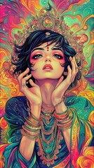 Psychedelic Goddess Vibrant Portrait of a Woman Adorned in Jewels and Ornate Headwear