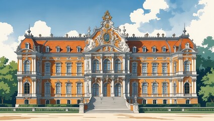 Obraz premium Large orange baroque palace with red roof under blue cloudy sky. Building has many windows and elaborate decorations, surrounded by green trees and grass.