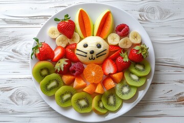 Top view of a plate with an edible bunny made of fruits - apple, banana, kiwi, orange, orange and raspberry. Sweet healthy snack for kids on Easter