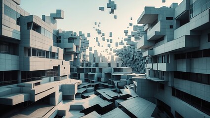 Abstract city blocks. White buildings form complex geometric shapes. Cubes float among modern structures. Futuristic architecture with blue sky during daytime.